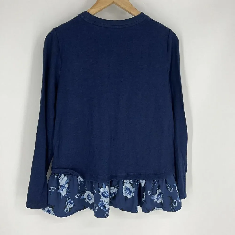 Kate Spade Sweater Size Medium Navy Mixed Media Floral Top Cotton Stretch Shirt